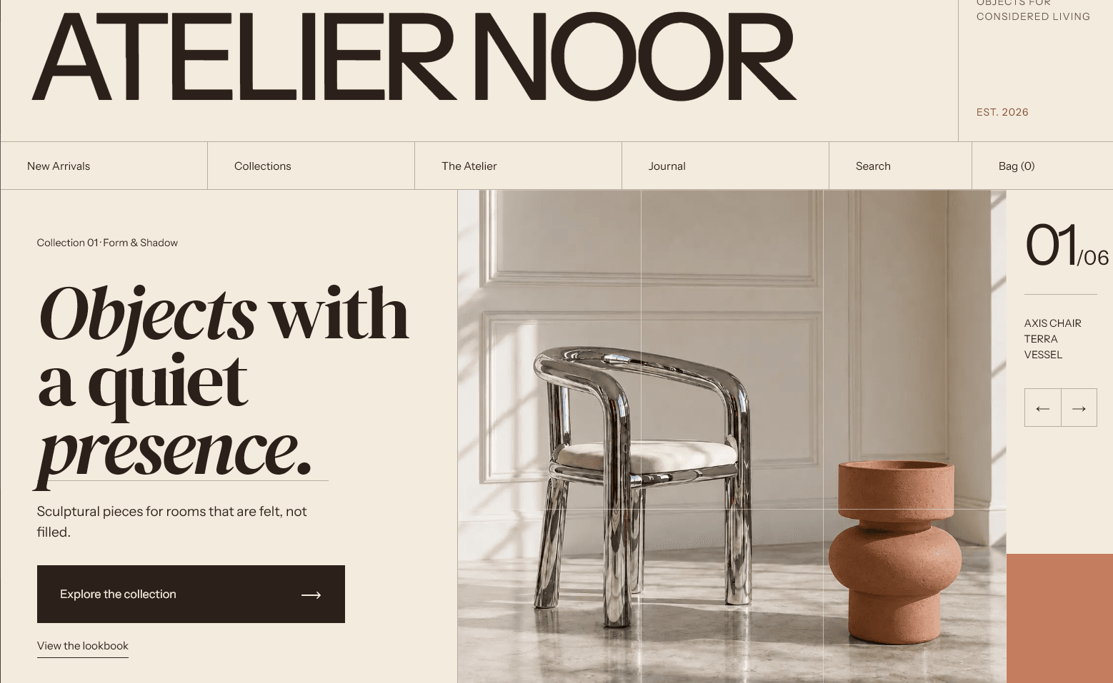 Atelier Noor homepage β a sculptural chair and terra vessel beside the headline 'Objects with a quiet presence.'