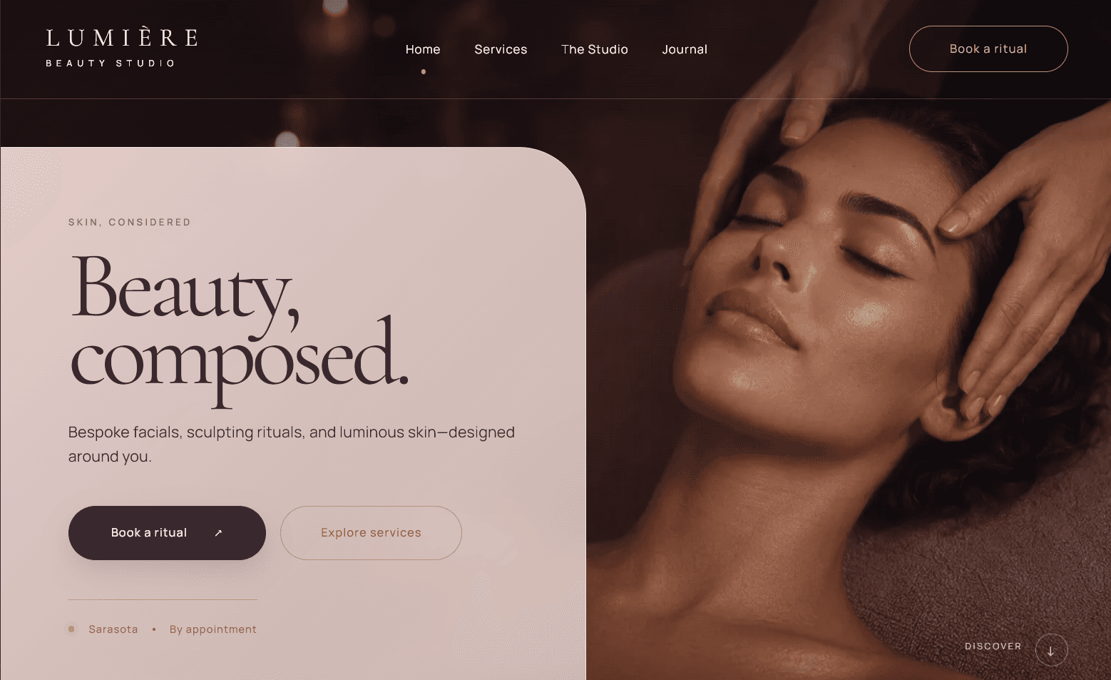 LumiΓ¨re Beauty Studio homepage β a facial treatment in progress beside the headline 'Beauty, composed.'