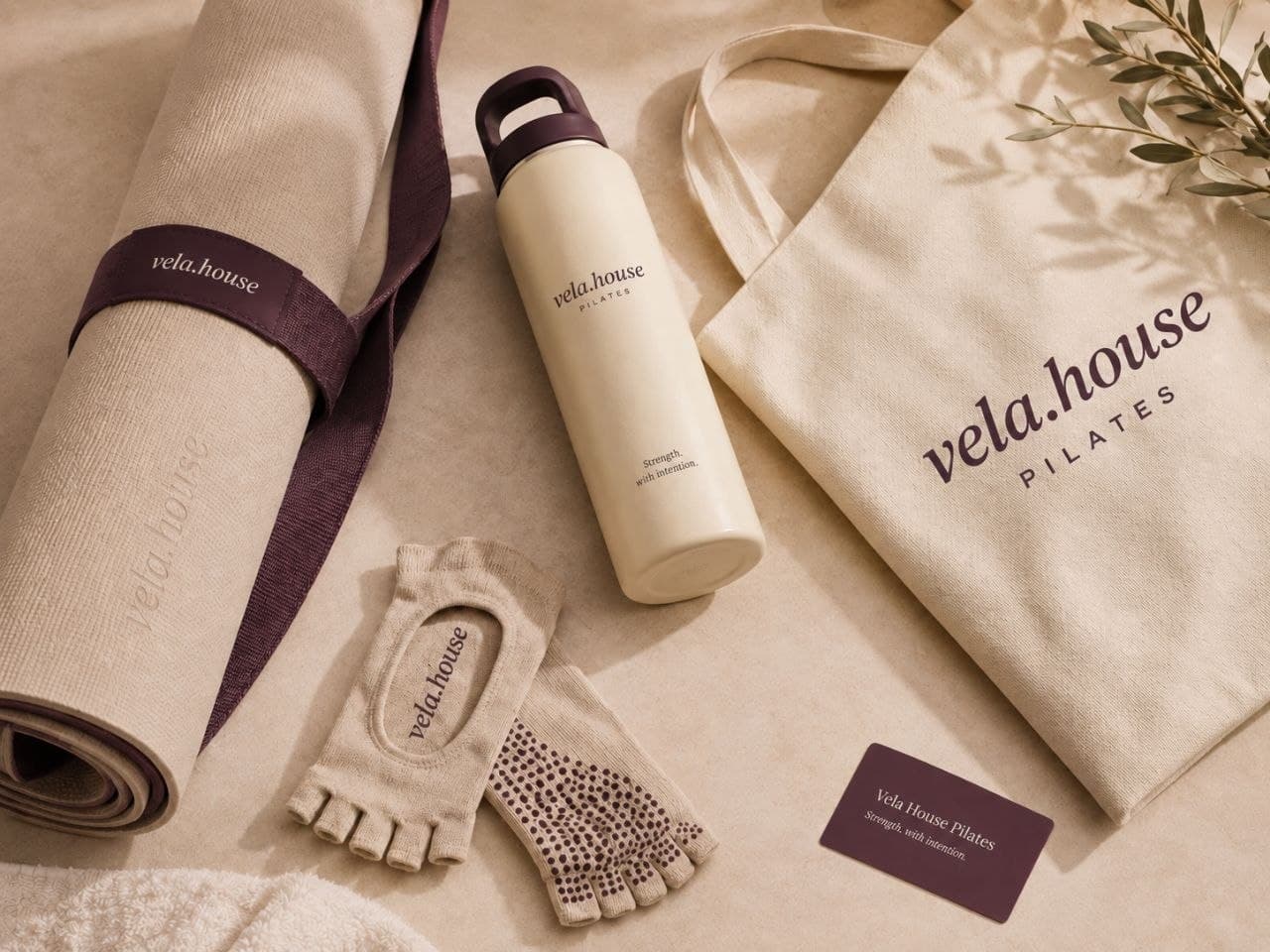 Vela House Wellness Studio branded product flatlay β mat, water bottle, grip socks, and tote